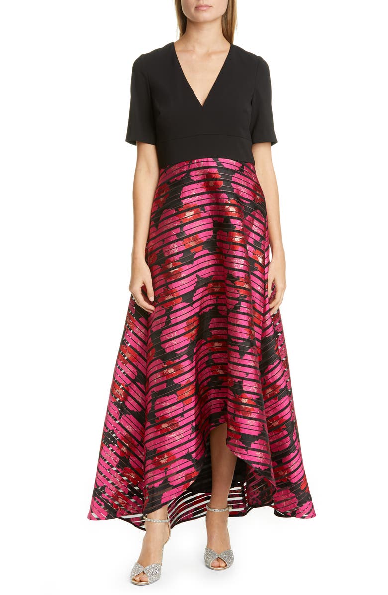 Badgley Mischka Collection Mixed Media High/Low Gown, Main, color, 