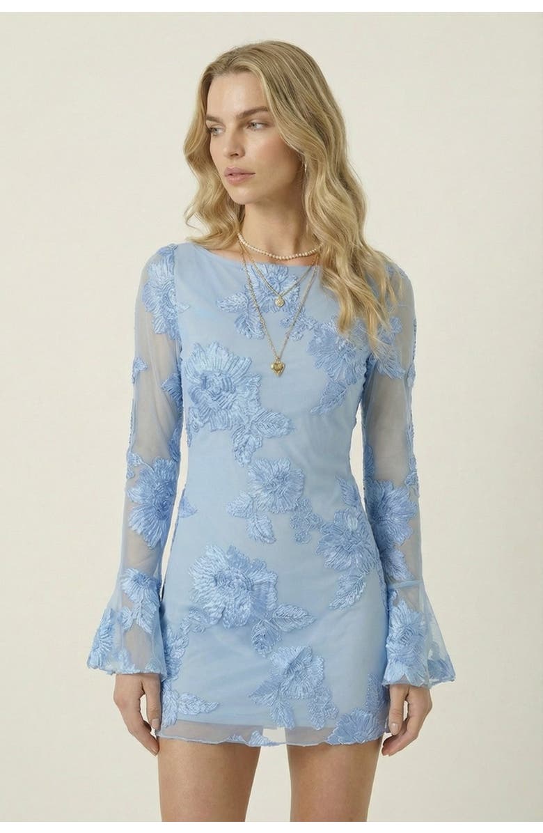 Modenaire Sheer Floral Embroidered Mini Dress, Main, color, Pastel Blue