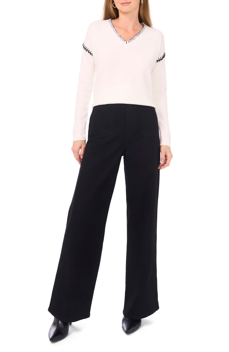 Vince Camuto Whipstitch V-Neck Sweater, Alternate, color, Antique White/ Rich Black