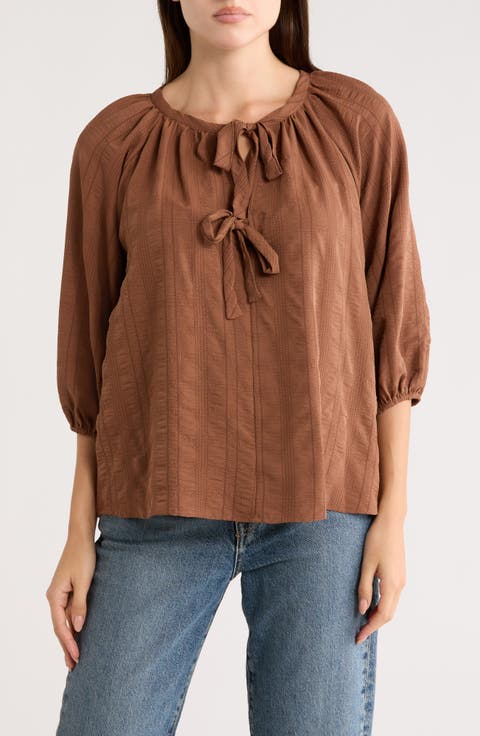 Tie Keyhole Puff Sleeve Top