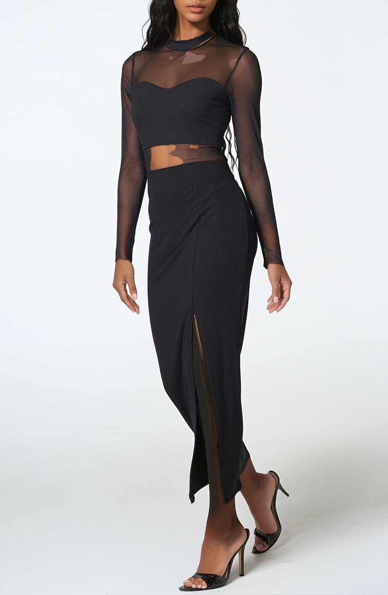 bebe Powermesh Long Sleeve Midi Dress, Alternate, color, Black