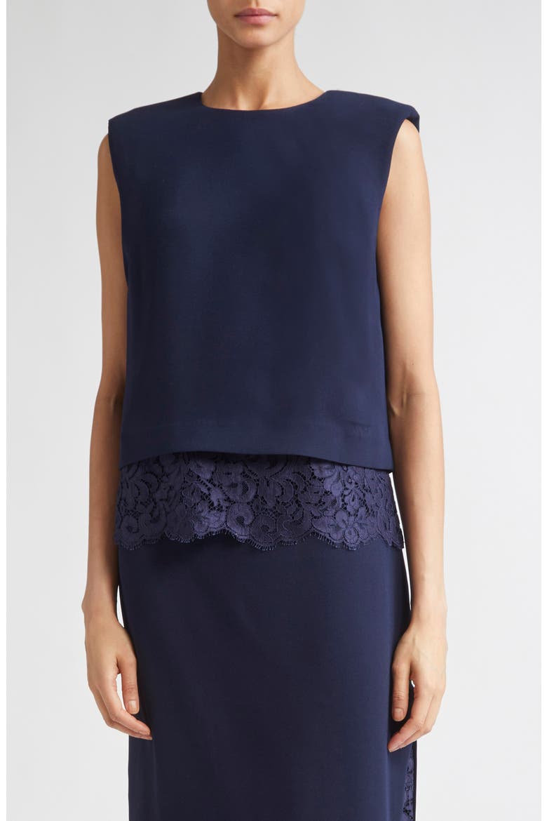 Lace Trim Satin Back Crepe Top, Main, color, MIDNIGHT