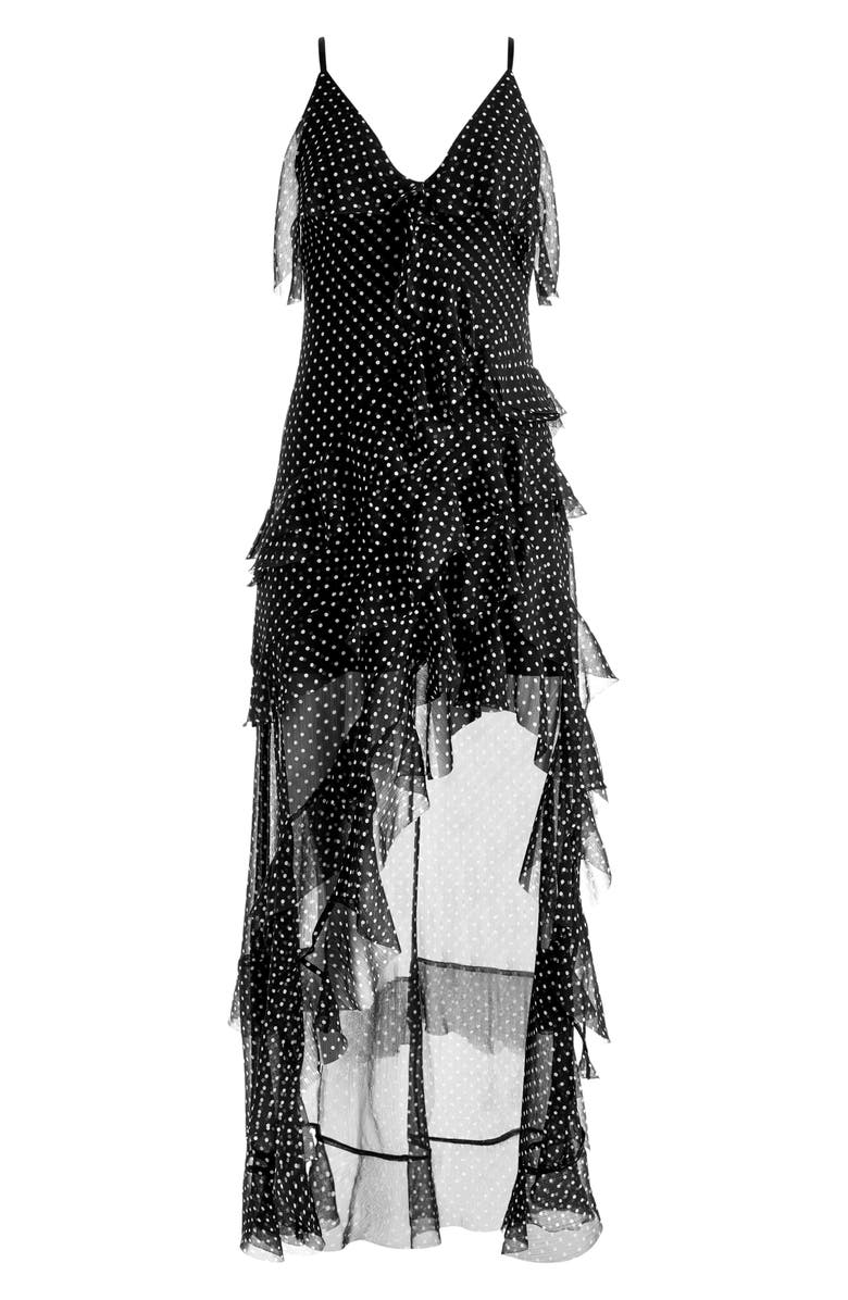 Alice + Olivia Laverne Lace Up Back Asymmetric Ruffle Maxi Dress, Alternate, color, Tbd - Black With White Dots