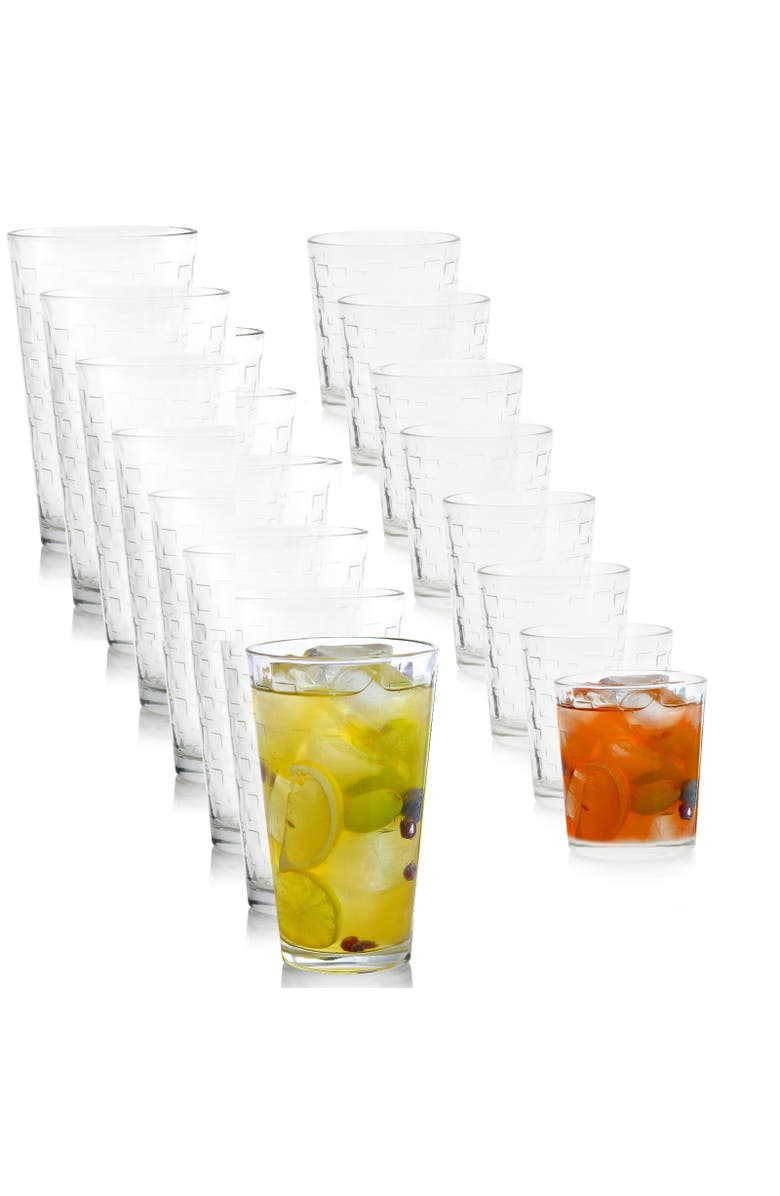 Gibson Home Great Foundations 16 Piece Tumbler and Double Old Fashioned Glass Set in Square Pattern, Main, color, Clear