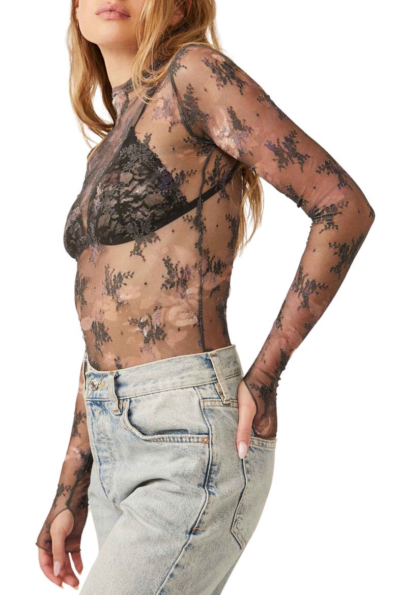 Printed Lady Sheer Embroidered Long Sleeve Top, Alternate, color, NIGHT SKY COMBO