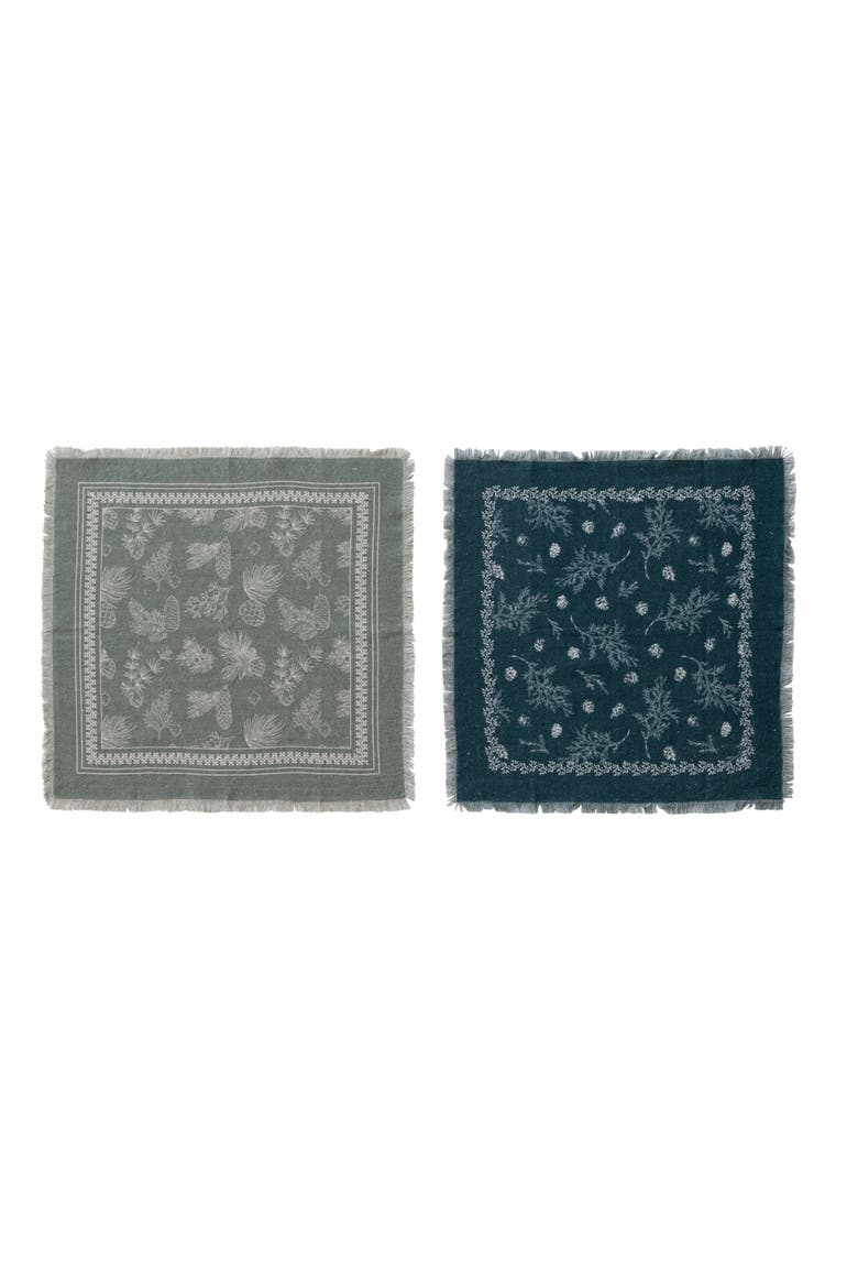 4-Piece Square Linen Printed Napkins with Pine Bough Patterns and Frayed Edges, Teal, Sage and Cream, Main, color, Multicolor