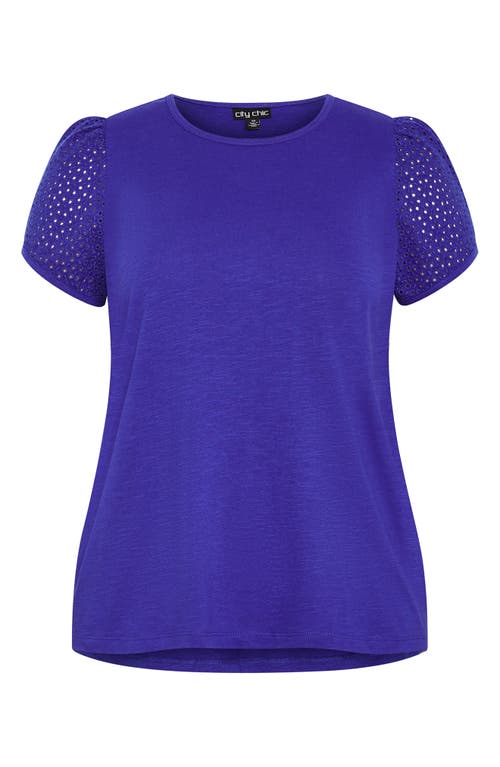 City Chic Linny Eyelet Puff Sleeve Cotton Top In Blue