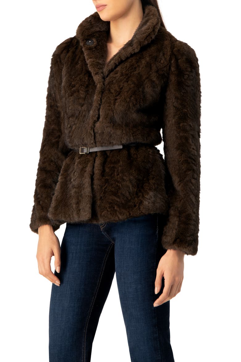 Plush Belted Fake Fur Coat, Alternate, color, Brown
