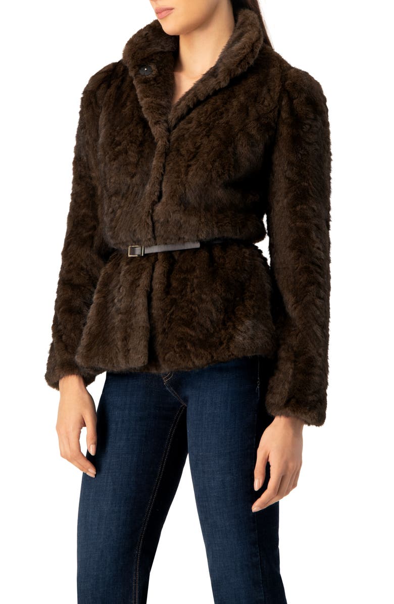 IVONNE Plush Belted Fake Fur Coat, Alternate, color, Brown