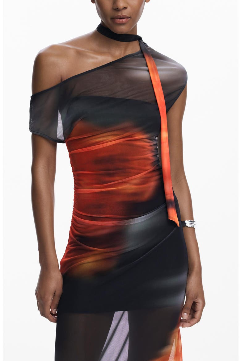 Carolina One Shoulder Mesh Midi Dress, Alternate, color, BLACK