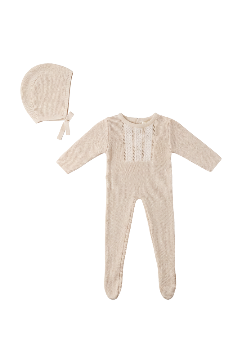 Striped Pointelle Pearl Button Romper with Matching Bonnet, Main, color, Beige