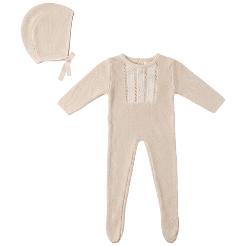 Striped Pointelle Pearl Button Romper with Matching Bonnet