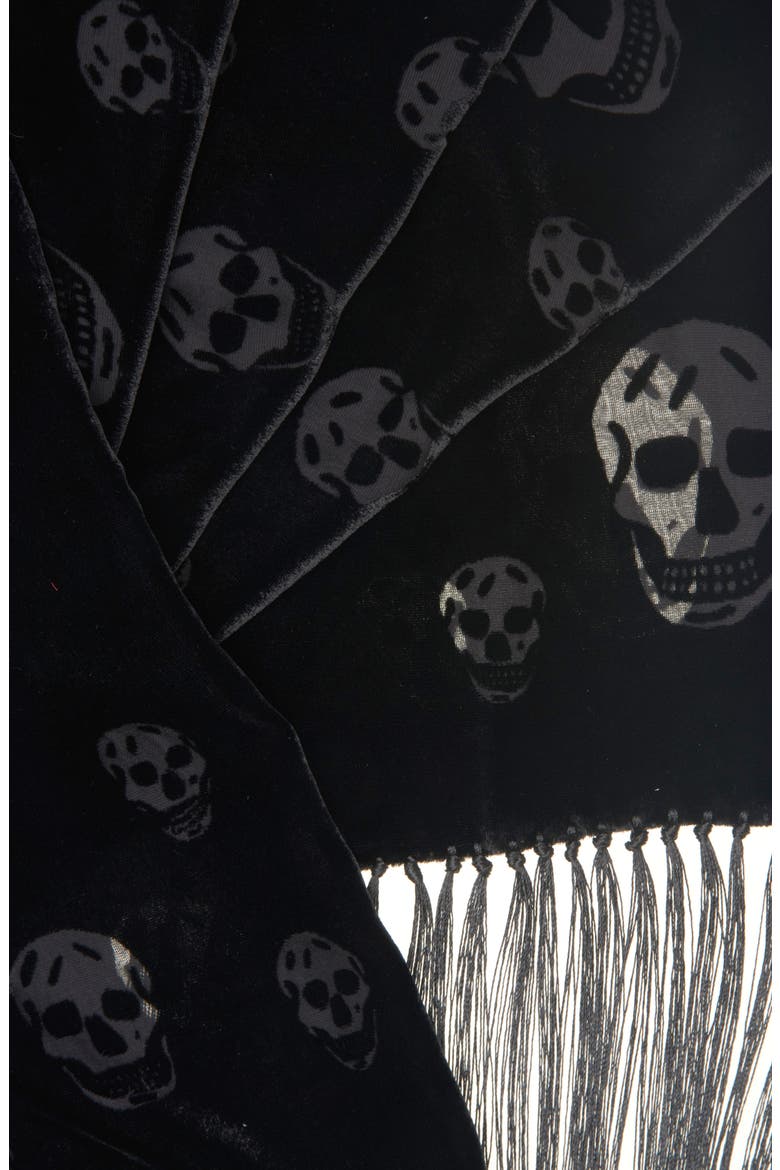 Skull Jacquard Wool & Silk Fringe Scarf, Alternate, color, BLACK/ MEDIUM GREY
