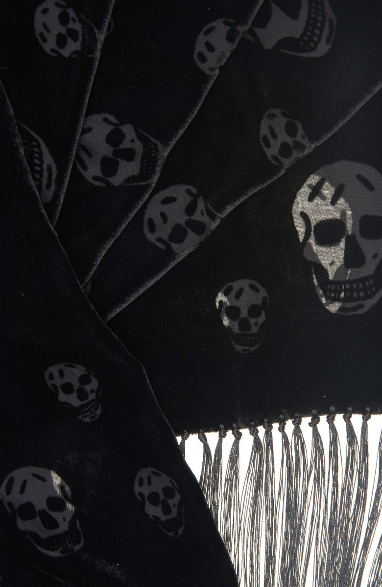 McQueen Skull Jacquard Wool & Silk Fringe Scarf, Alternate, color, Black/ Medium Grey