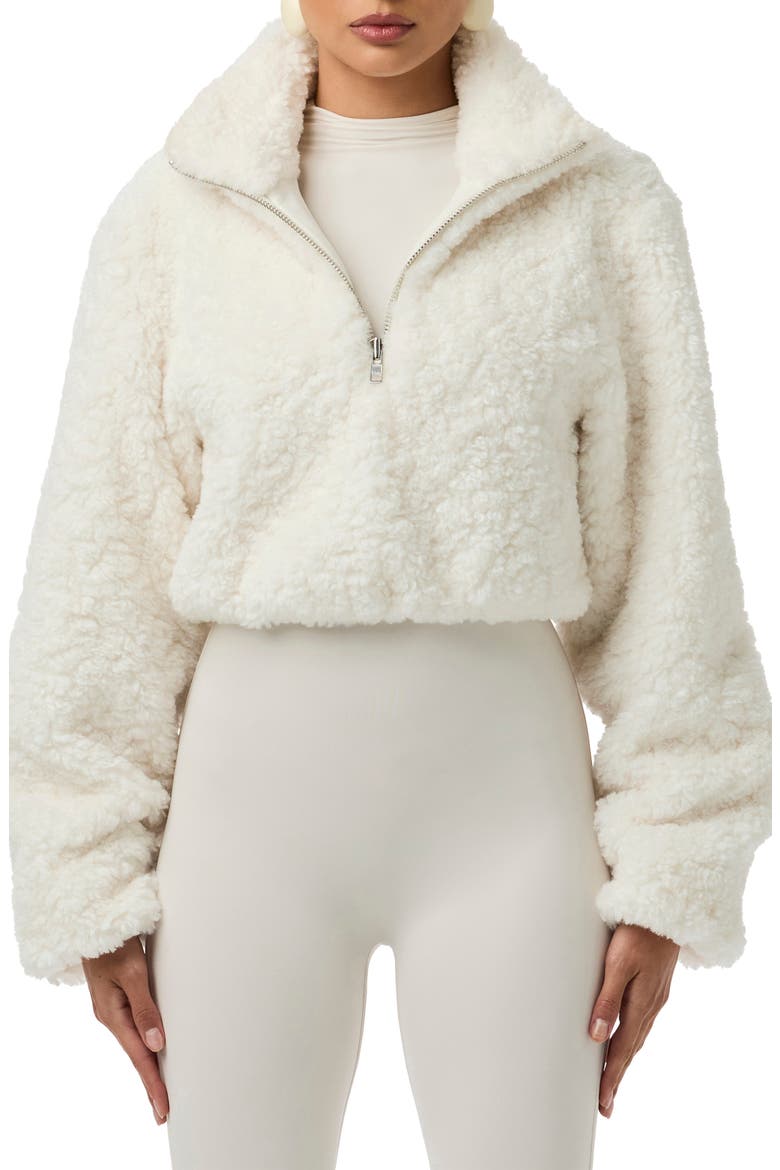 Faux Shearling Quarter Zip Crop Pullover, Main, color, IVORY