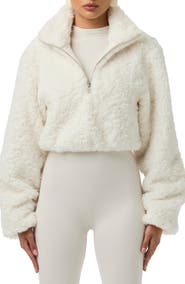 Naked Wardrobe Faux Shearling Quarter Zip Crop Pullover