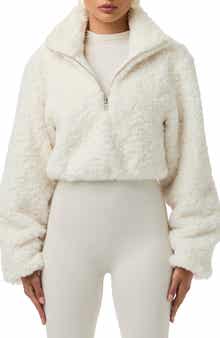 Naked Wardrobe Faux Shearling Quarter Zip Crop Pullover