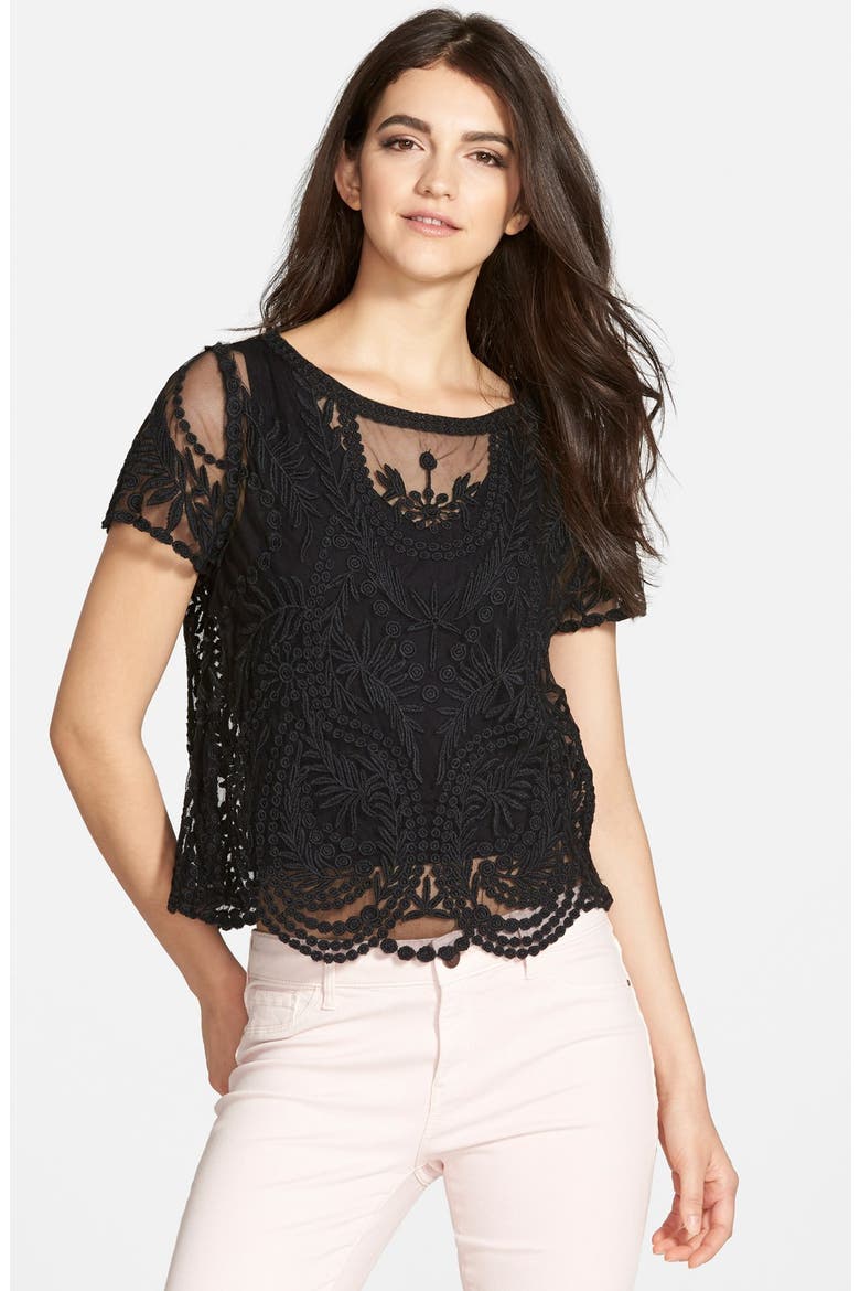Short Sleeve Lace Tee, Main, color, BLACK