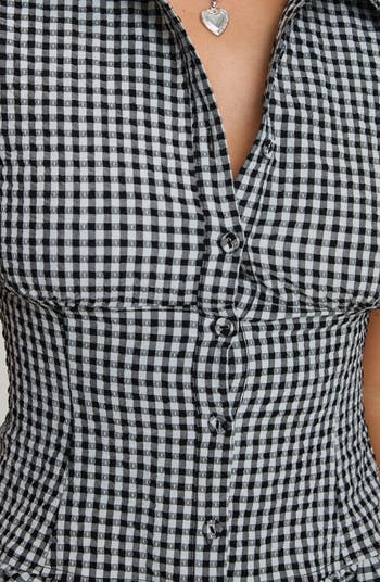 Covey Check Smocked Puff Sleeve Crop Shirt