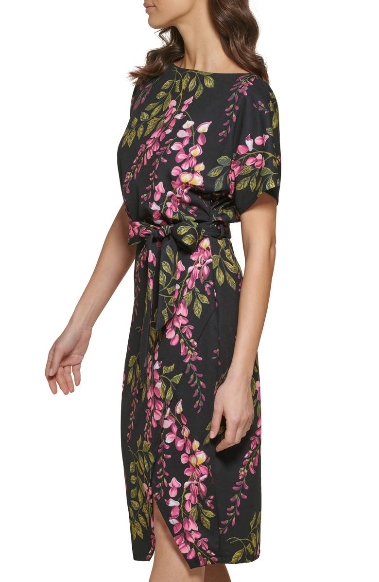 Kensie Boatneck Floral Print Dress, Alternate, color, Black Multi