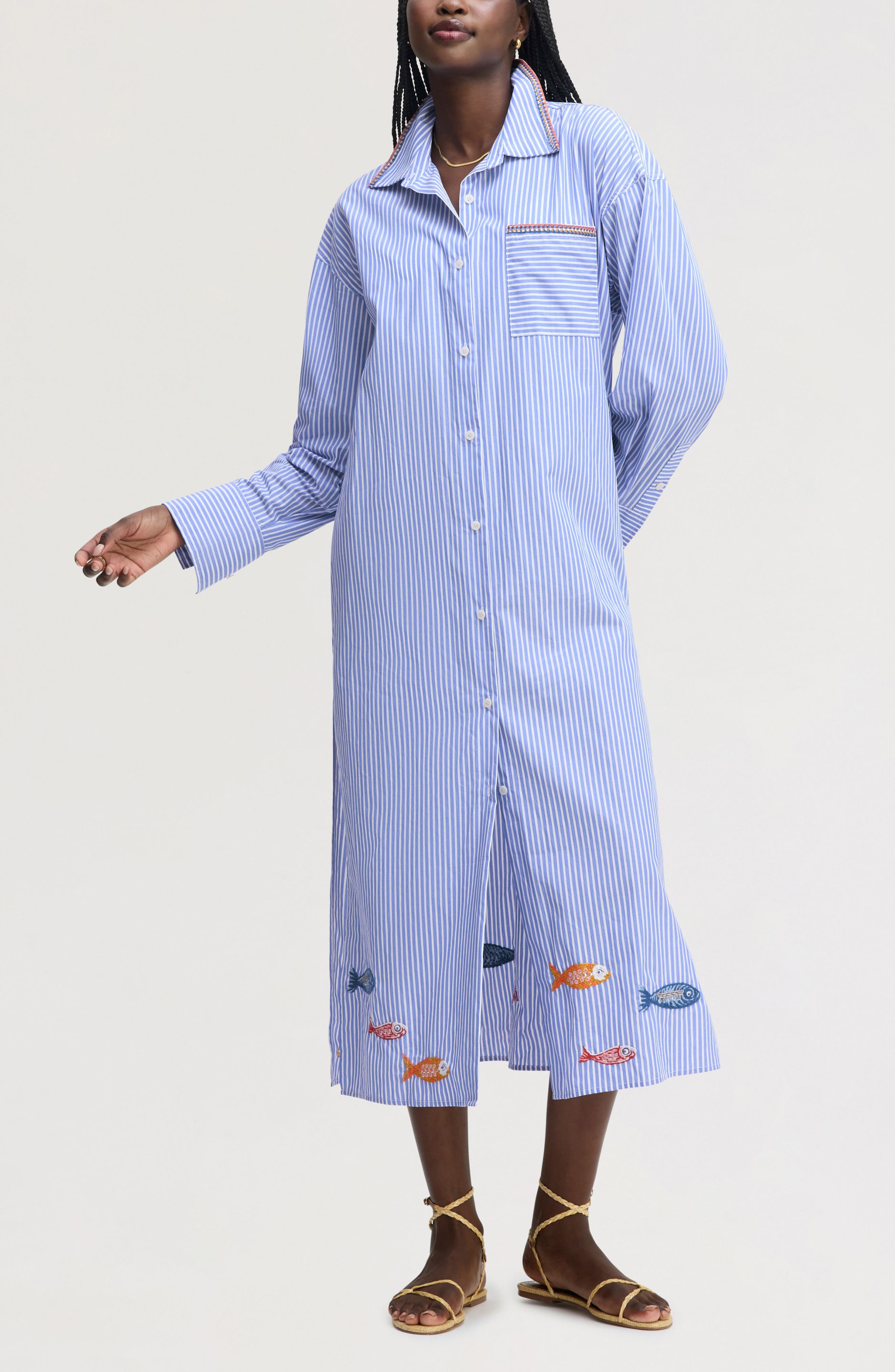 Embroidered Sequin Oversize Cotton Shirtdress