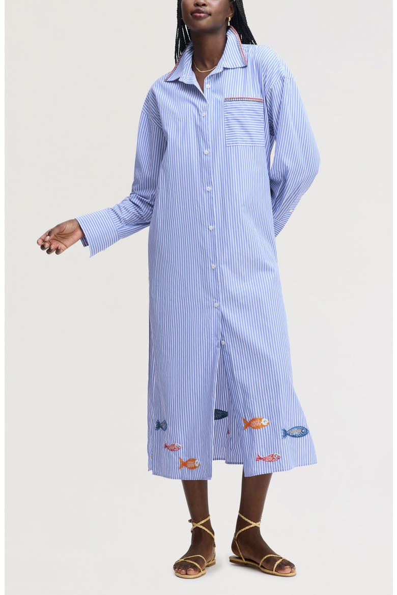Embroidered Sequin Oversize Cotton Shirtdress, Main, color, PERIWINKLE SHIRTING