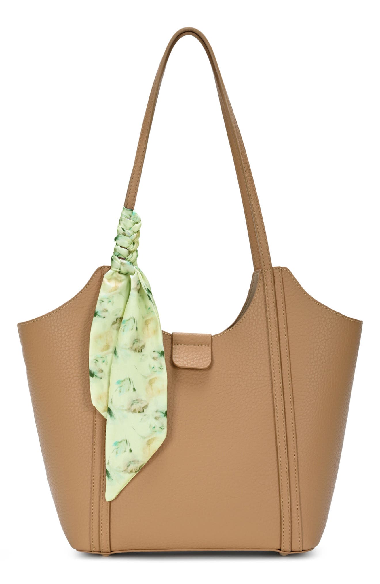 Faux Leather Tote with Scarf, Main, color, CAMEL