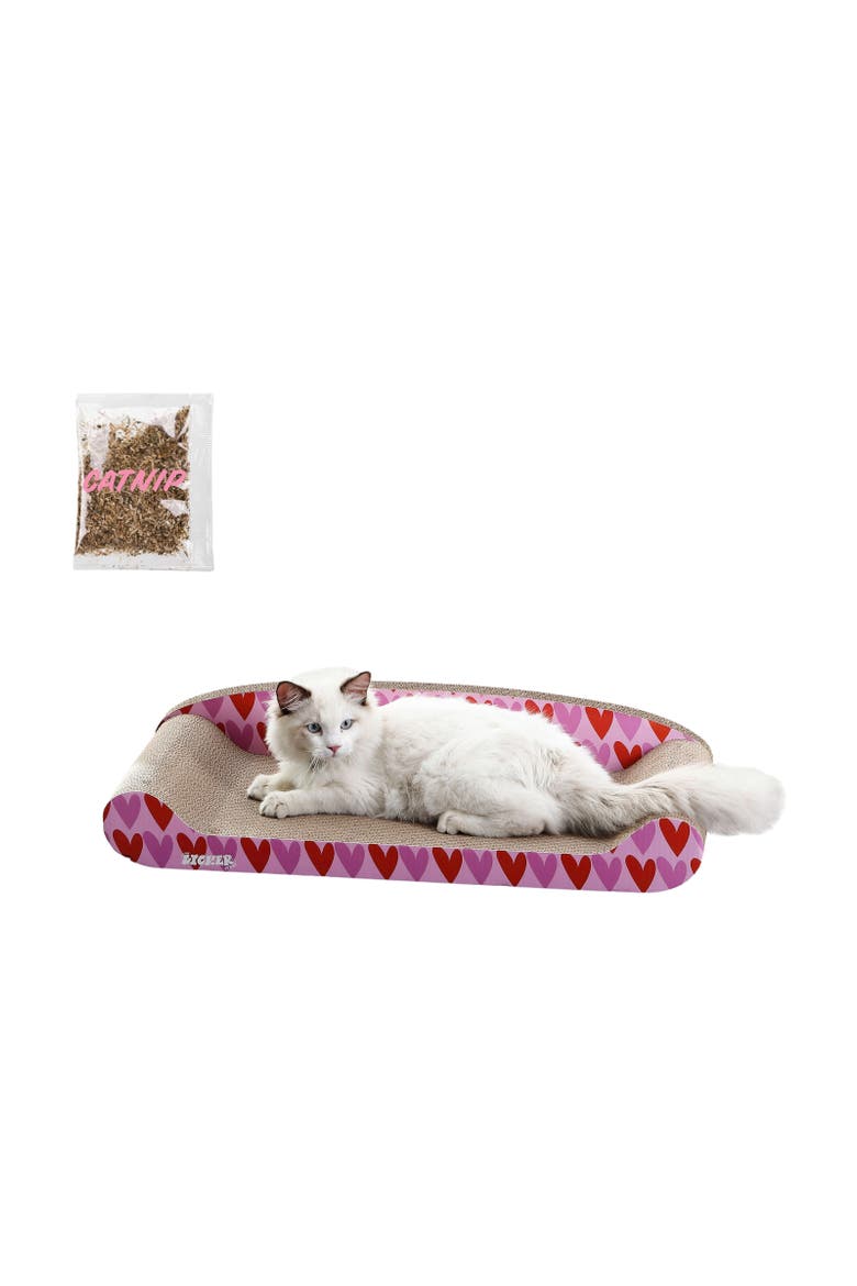 Montego Coastal Patterned Cardboard Lounge Bed Cat Scratcher with Catnip, Main, color, Pink/Red