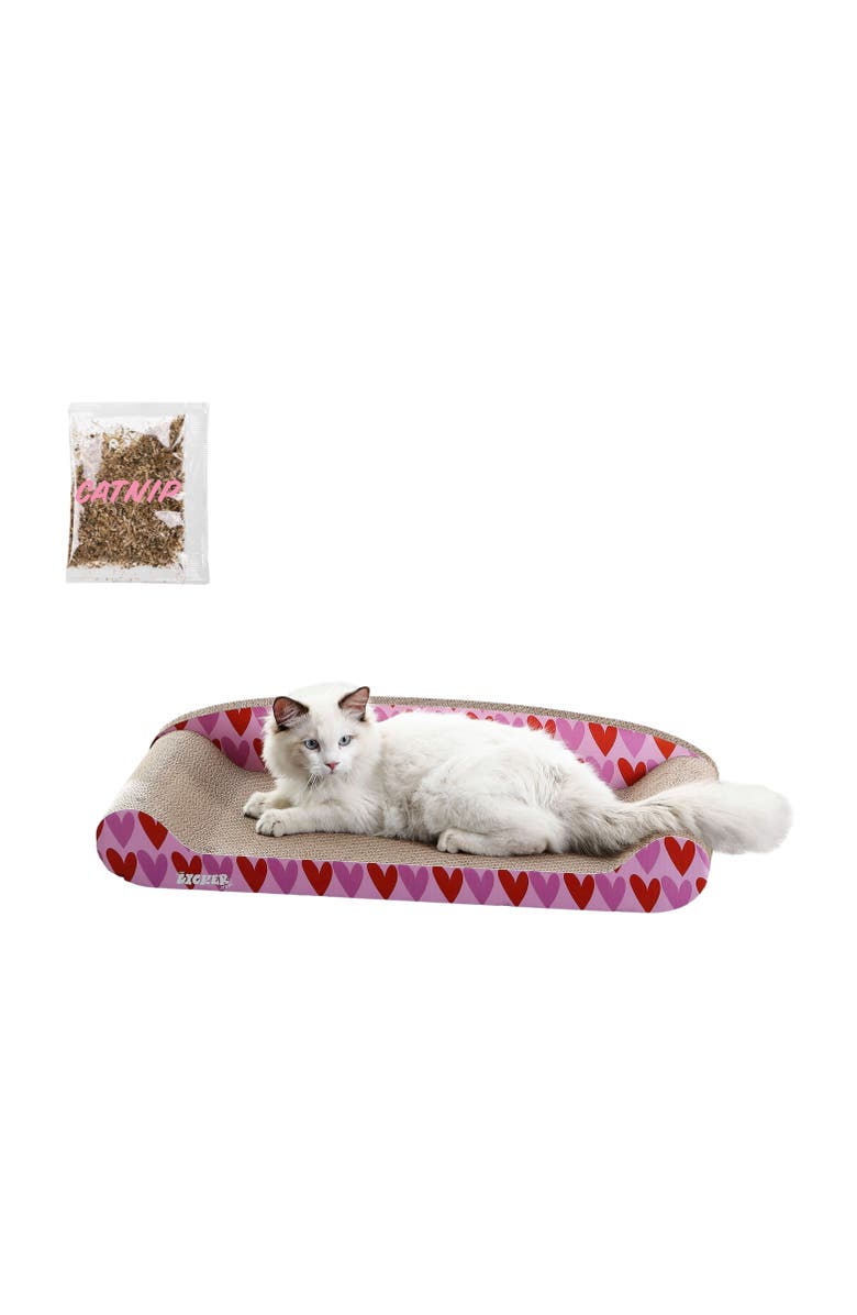 The Licker Store Montego 27.5" Coastal Patterned Cardboard Lounge Bed Cat Scratcher with Catnip, Main, color, Pink/Red
