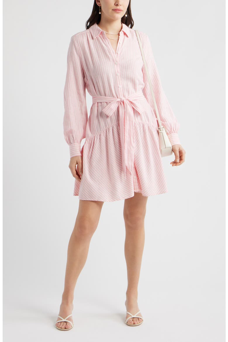 Long Sleeve Linen Blend Mini Shirtdress, Main, color, PINK- IVORY PENNY STRIPE