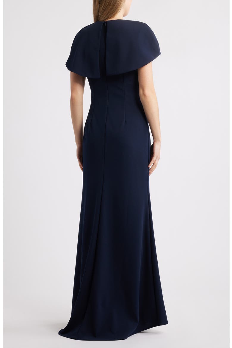 Cape Short Sleeve Scuba Crepe Gown, Alternate, color, NAVY