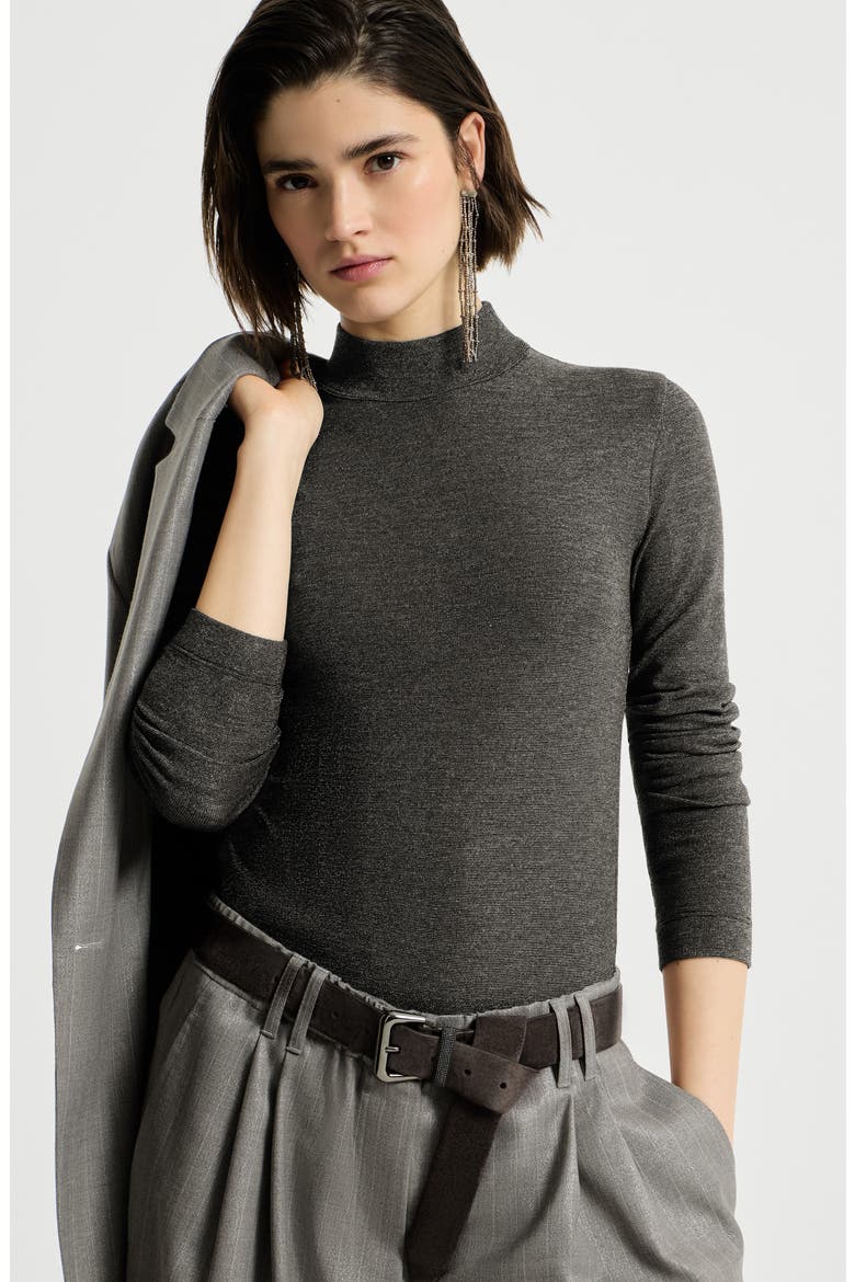Sparkling virgin wool mock neck long sleeve T-shirt with monili, Alternate, color, Anthracite