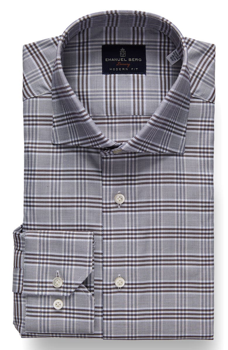 Emanuel Berg Modern Fit Plaid Natural Stretch Yoga Twill Dress Shirt, Main, color, Light Pastel Brown