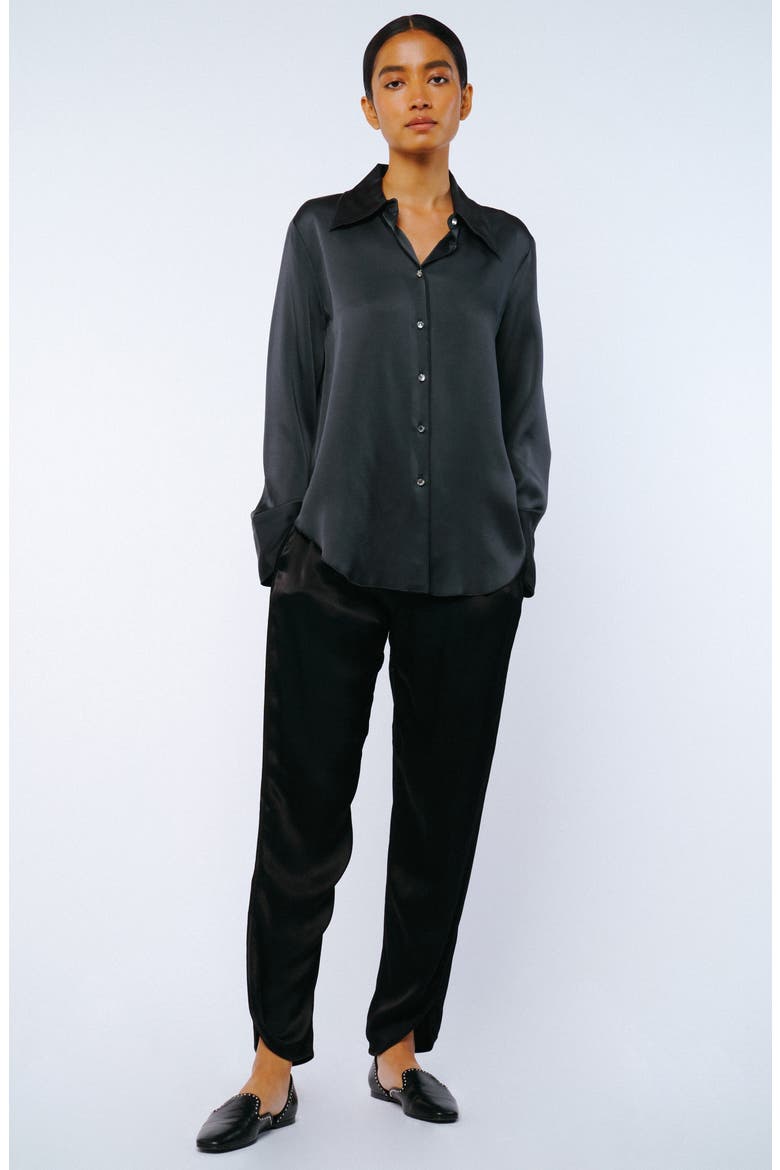 Sabrina Satin Button-Up Shirt, Alternate, color, CHARCOAL