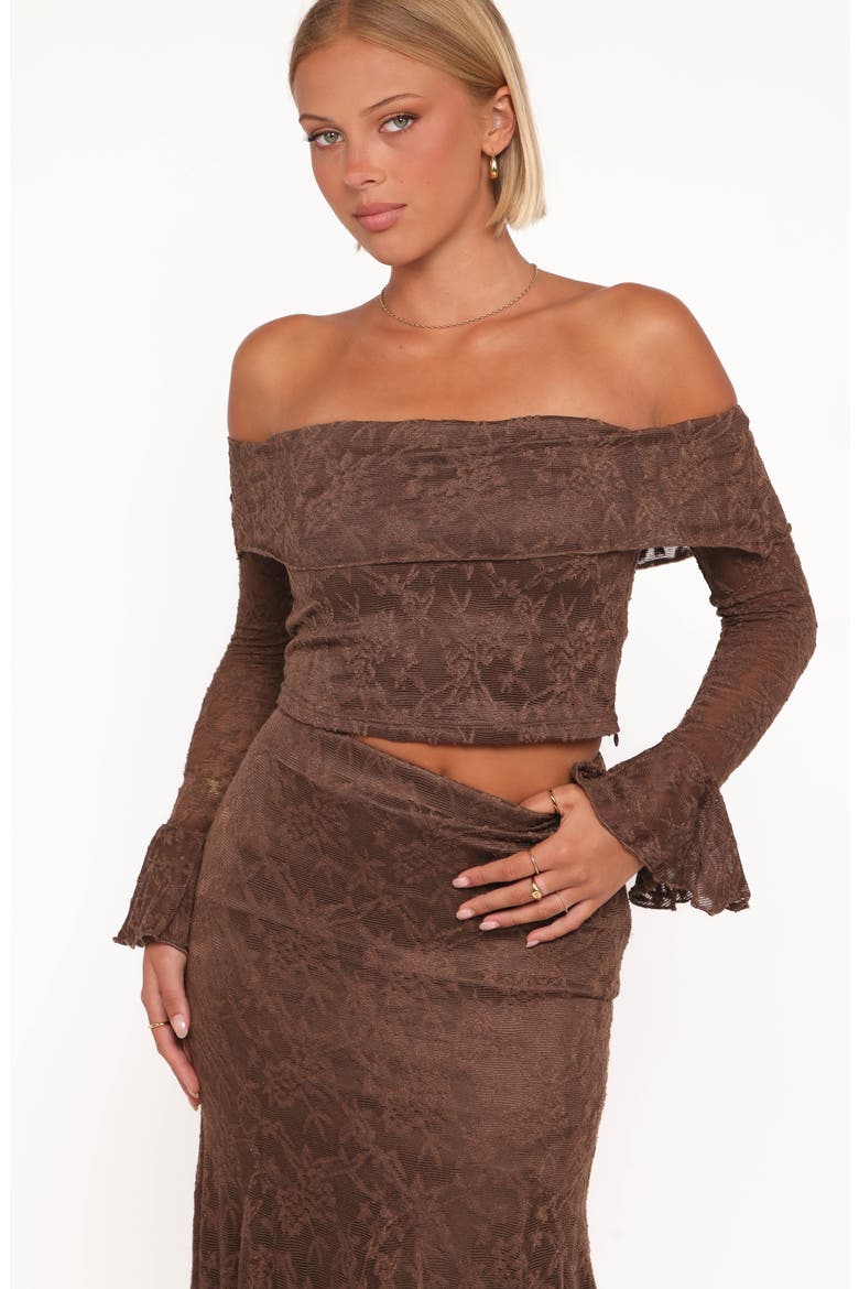 Bromley Lace Off the Shoulder Top & Maxi Skirt Set, Alternate, color, BROWN