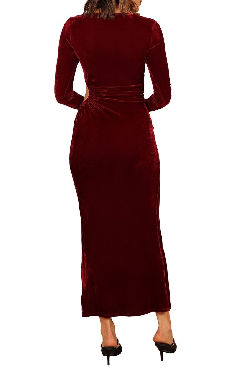 Petal & Pup Sarine Cutout Long Sleeve Velvet Maxi Cocktail Dress, Alternate, color, Wine