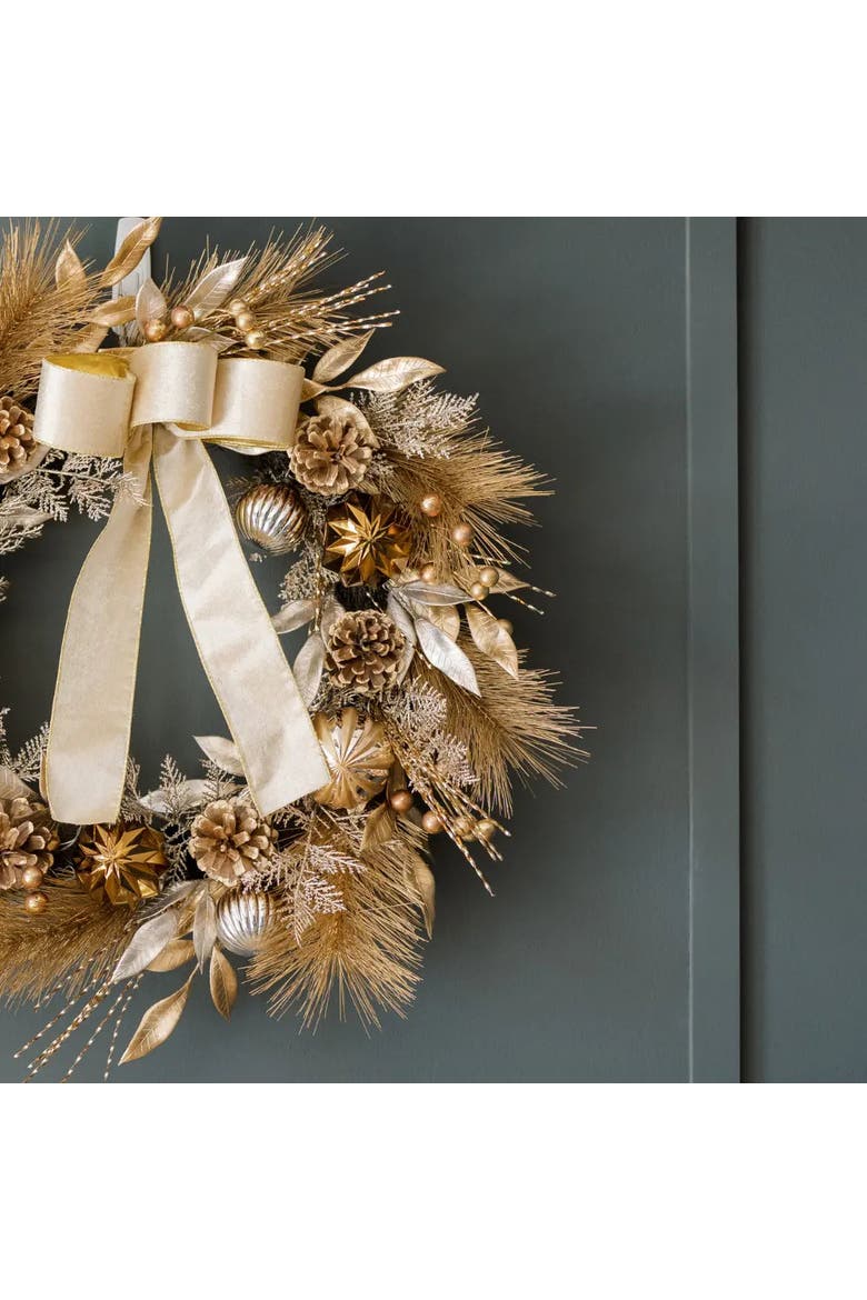 26" Gold Bow Pinecone & Ornament Pre-Lit Wreath, Alternate, color, Gold
