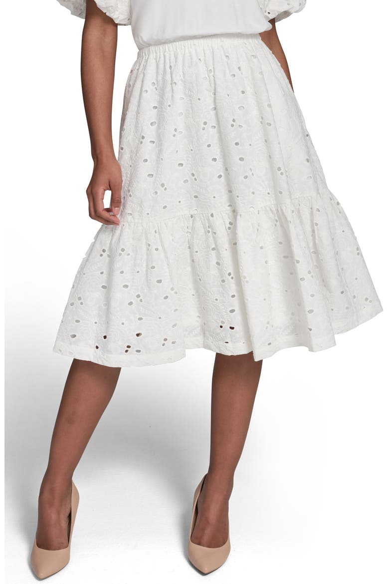 Mixed Media Eyelet Lace Midi Dress, Main, color, SOFT WHITE