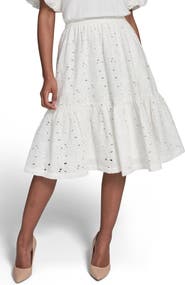 KARL LAGERFELD PARIS Mixed Media Eyelet Lace Midi Dress