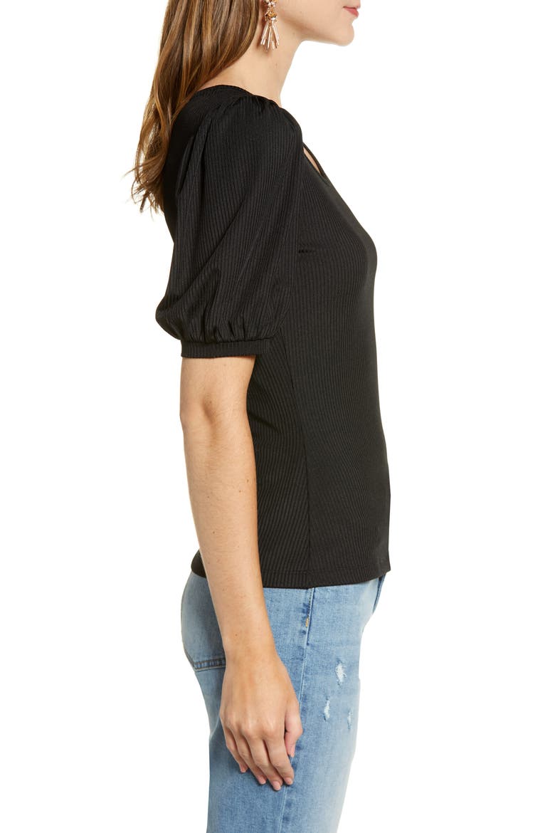 Ribbed Puff Sleeve Tee, Alternate, color, BLACK