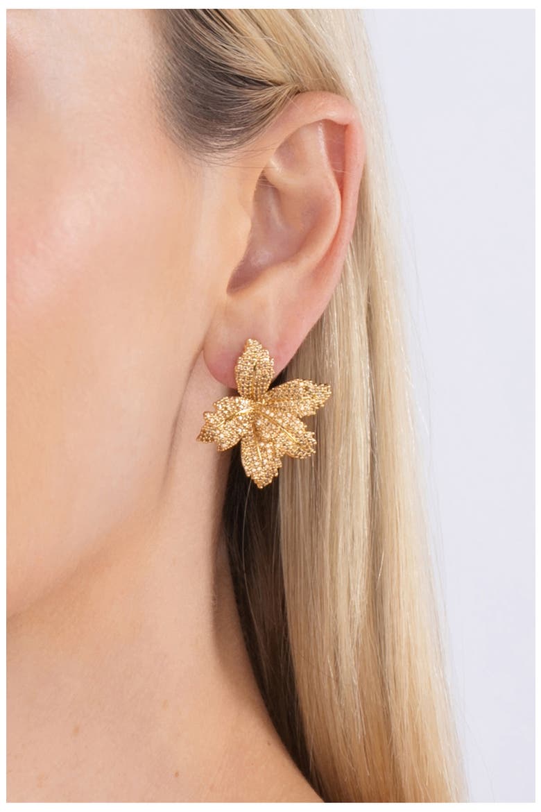 Pavé Cubic Zirconia Leaf Drop Earrings, Main, color, GOLD