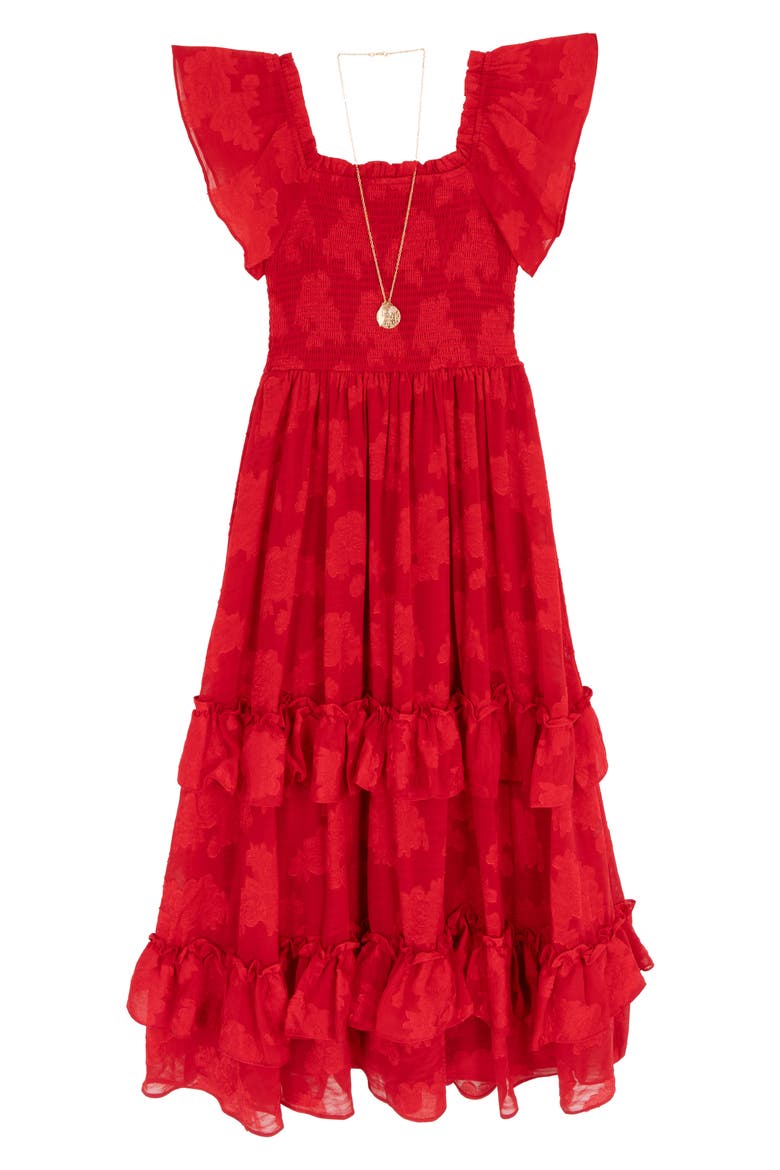 Kids' Burnout Chiffon Smocked Dress & Necklace Set, Main, color, RED