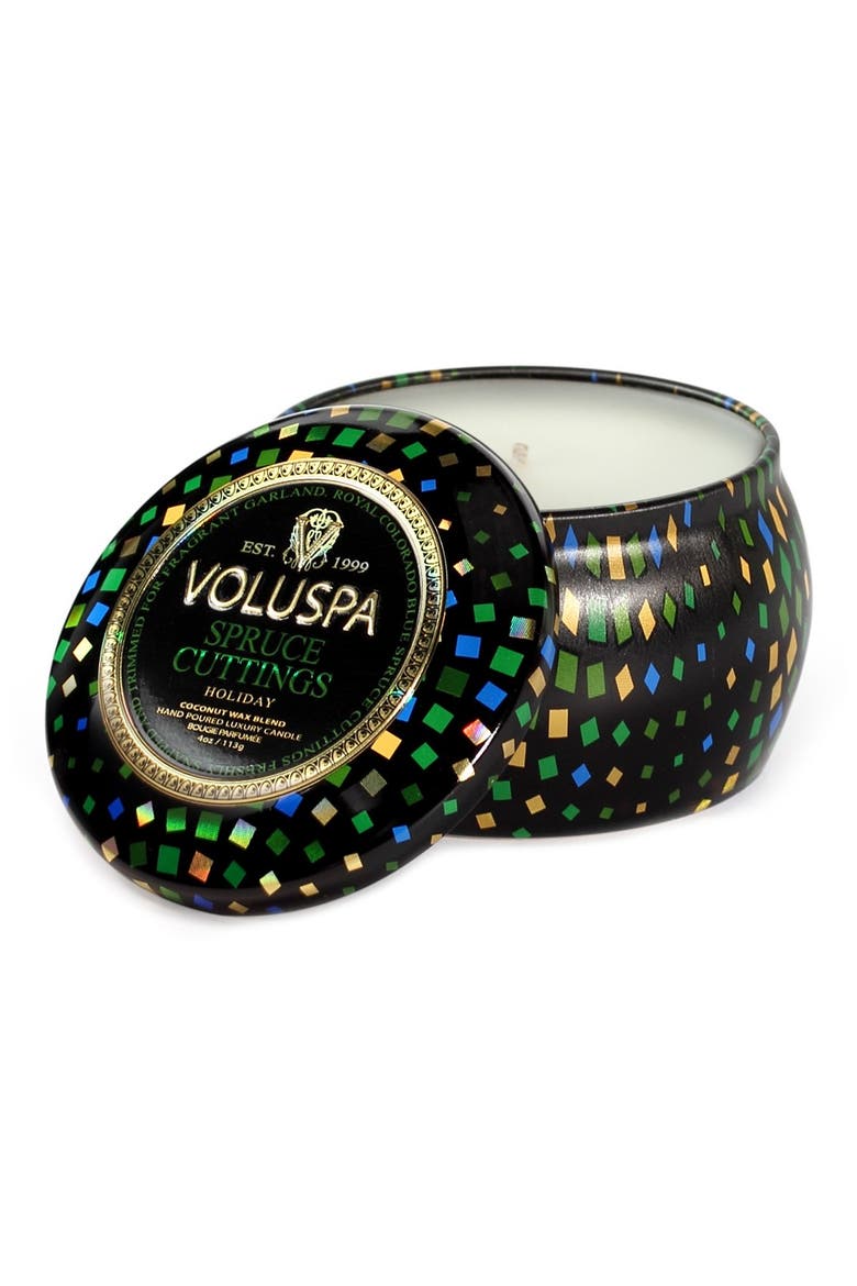 'Maison Holiday - Spruce Cuttings' Petite Decorative Tin Candle, Main, color, NO COLOR