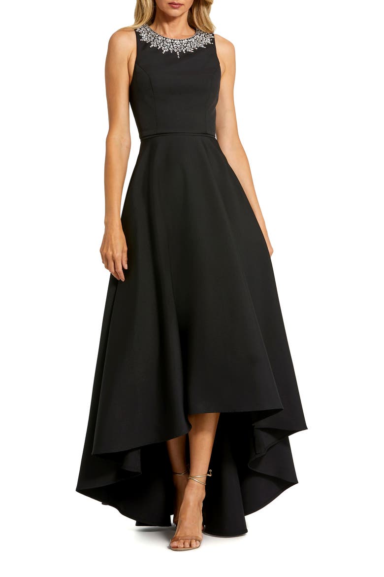Crepe Embellished Neck High Low Gown, Main, color, Black