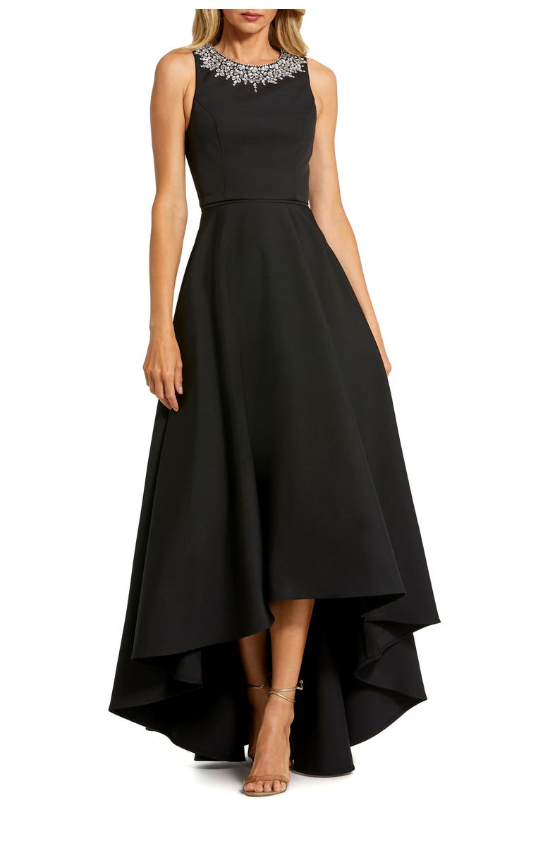 Mac Duggal Petite Crepe Embellished Neck High Low Gown, Main, color, Black