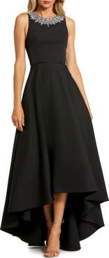 Mac Duggal Crepe Embellished Neck High Low Gown
