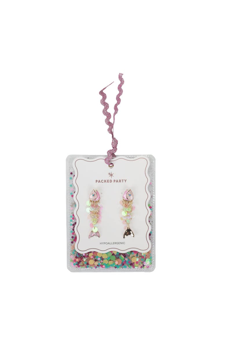 Catch of the Day Sparkle Fish Dangle Earrings - Hypoallergenic Gold-Tone Post with Pink Enamel and Iridescent Sequins, 2 Inch, Alternate, color, Pink