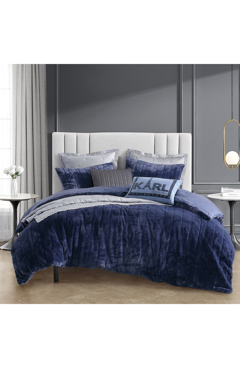 KARL LAGERFELD Faux Fur & Channel Quilted Reversible Comforter & Sham Set, Alternate, color, Indigo