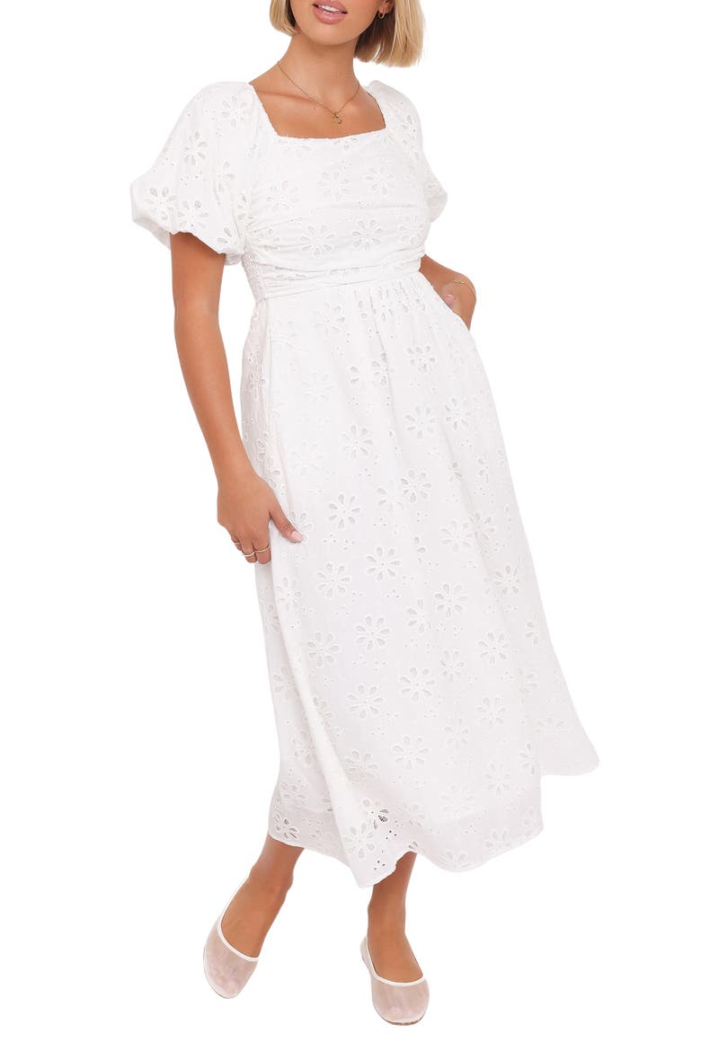 Clo Floral Eyelet Puff Sleeve Cotton Midi Dress, Main, color, WHITE BRODERIE