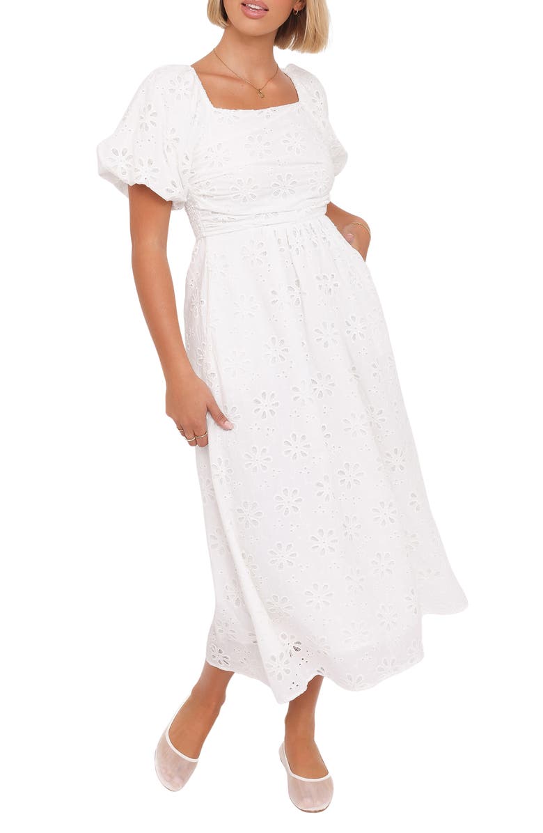 Petal & Pup Clo Floral Eyelet Puff Sleeve Cotton Midi Dress, Main, color, White Broderie